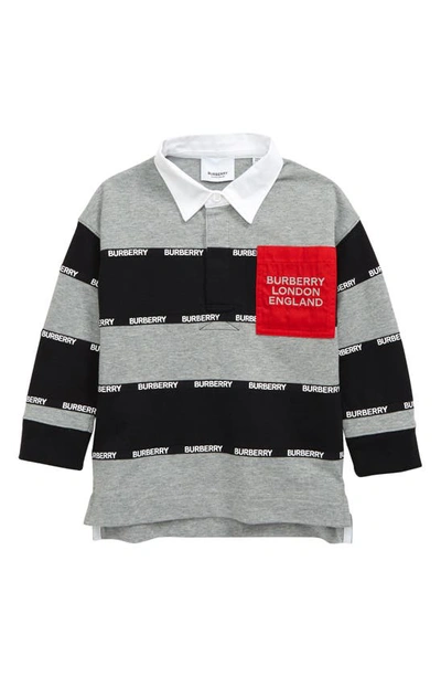 Shop Burberry Kids' Albbie Stripe Logo Pocket Cotton Polo In Grey Melange