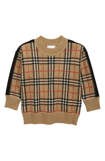 Shop Burberry Kids' Donnie Check Merino Wool Blend Sweater In Archive Beige