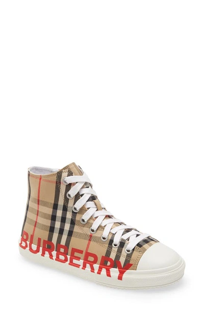 Shop Burberry Mini Larkhall Logo Check High Top Sneaker In Beige