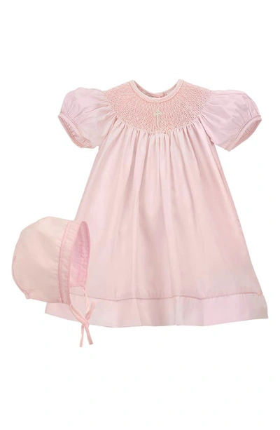 Carriage Boutique Imitation Pearl Cross Christening Gown & Bonnet Set In Pink