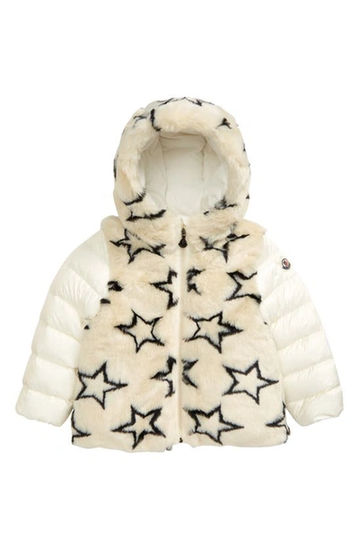 Shop Moncler Joseline Stars Jacquard Hooded Faux Fur Down Jacket In Charcoal