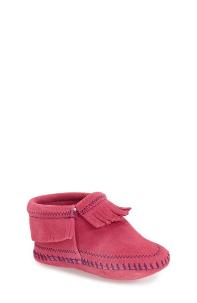 Shop Minnetonka 'riley' Fringe Suede Bootie In Hot Pink