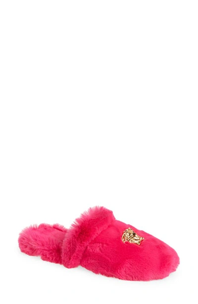 Shop Versace Logomania Faux Fur Slipper In Pink