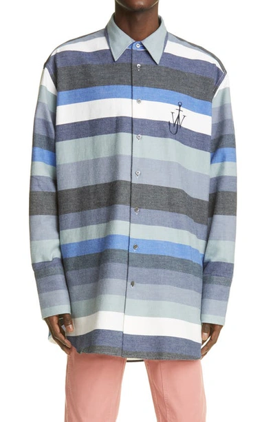 Shop Jw Anderson Logo Stripe Oversize Flannel Shirt In Blue