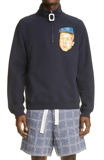 Shop Jw Anderson Face Applique Half Zip Sweatshirt In Navy