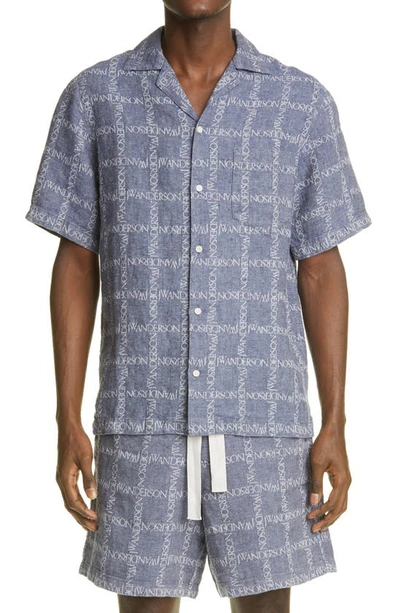 Shop Jw Anderson Logo Short Sleeve Button-up Shirt In Navy