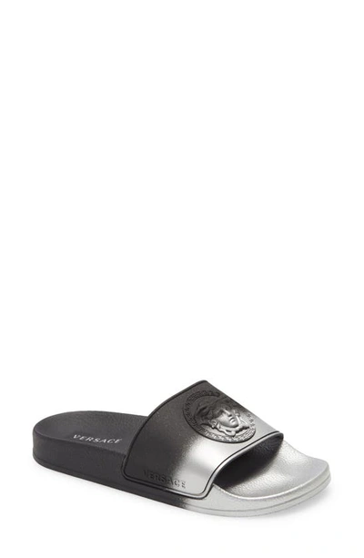 Shop Versace Medusa Slide Sandal In Silver/ Black