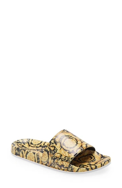 Shop Versace Kids' Barocco Slide Sandal In Black/ Gold