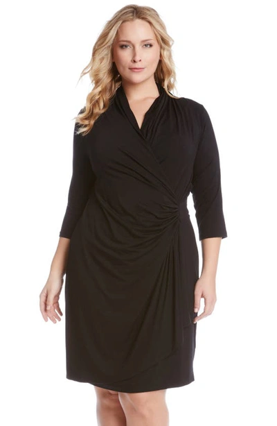 Shop Karen Kane Three Quarter Sleeve Jersey Cascade Faux Wrap Dress In Black