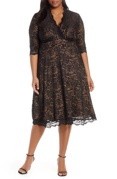 Shop Kiyonna Mademoiselle Lace A-line Dress In Black Lace / Caramel Lining