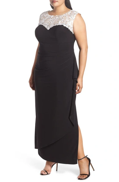 Shop Alex Evenings Embroidered Side Ruched Gown In Black White