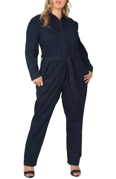 Standards & Practices Janeen Belted Denim Boilersuit In Dark Hand Sand Wash