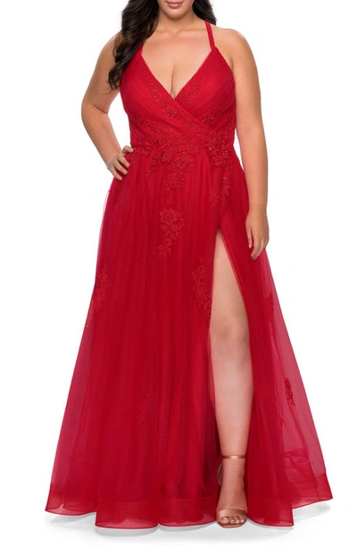 Shop La Femme Embroidered & Beaded Tulle Ballgown In Red