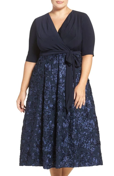 Shop Alex Evenings Tea Length Jersey & Rosette Lace Dress In Navy