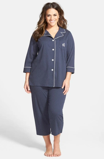 Shop Lauren Ralph Lauren Knit Crop Pajamas In Madeleine Navy/ White Dot