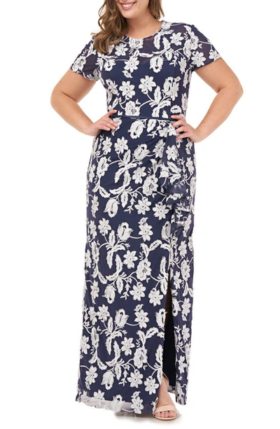 Shop Js Collections Embroidered Ruffle Drape Column Gown In Navy