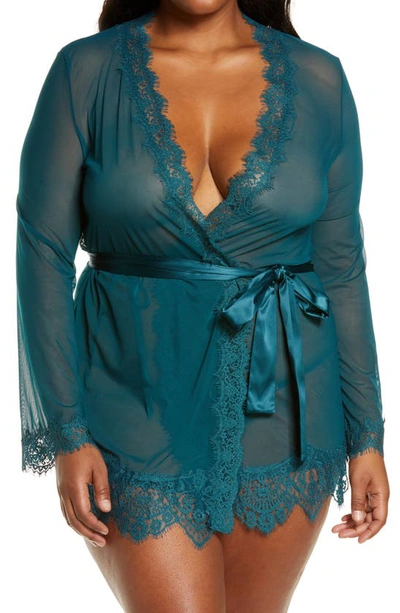 Shop Oh La La Cheri Lace Trim Mesh Robe & G-string Set In Deep Teal