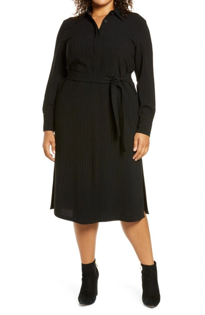 Shop Marina Rinaldi Dicembre Pinstripe Long Sleeve Shirtdress In Black