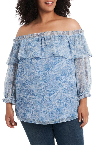 Shop Vince Camuto Distressed Paisley Off The Shoulder Blouse In Rapture Blue