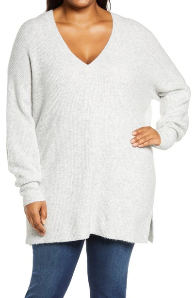 Shop Halogenr Halogen(r) Ribbed V-neck Tunic Sweater In Grey Light Heather