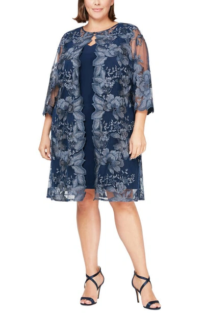 Shop Alex Evenings Embroidered Lace Mock Jacket Cocktail Dress In Navy