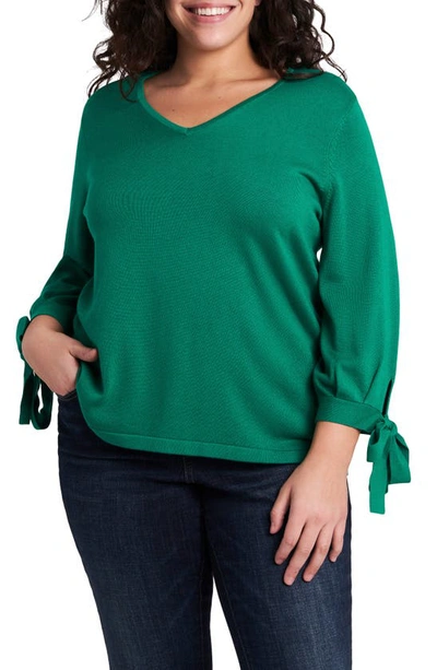 Shop Cece Tie Sleeve Cotton Blend Sweater In Vibrant Kelly