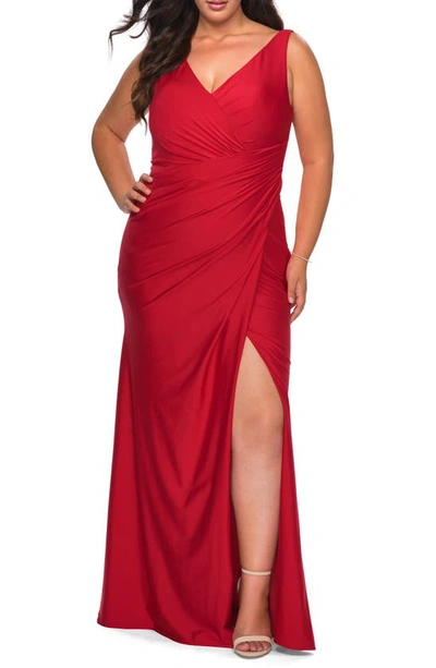 Shop La Femme Ruched Jersey Trumpet Gown In Red