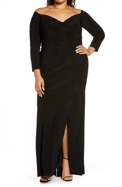 Shop La Femme Off The Shoulder Long Sleeve Gown In Black