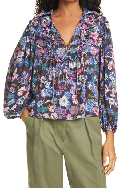 Shop Tanya Taylor Aniela Floral Puckered Silk Peasant Blouse In Mixed Meadow Navy