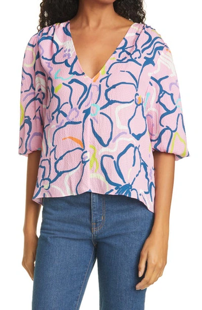 Shop Tanya Taylor Camilla Squiggle Floral Silk Blouse In Squiggle Floral Purple