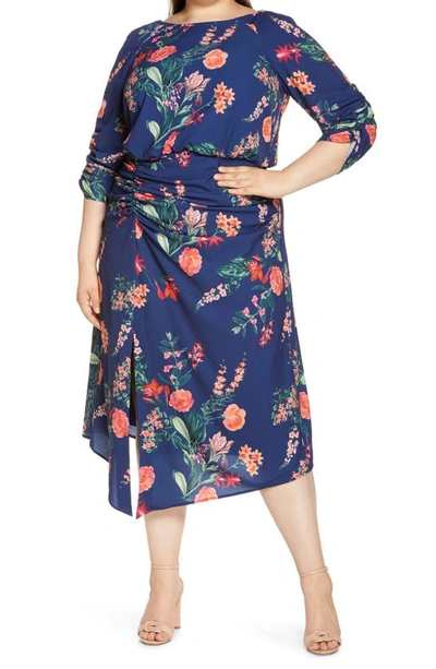 Shop Vince Camuto Floral Crepe Midi Dress In Navy Multi