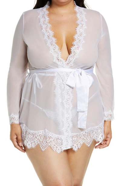 Lace Trim Mesh Robe & G-string Set In White