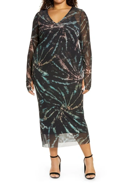 Shop Afrm Power Mesh Long Sleeve Midi Dress In Earthy Spiral