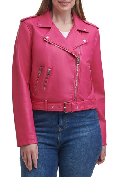 Shop Levi's Water Repellent Faux Leather Fashion Belted Moto Jacket In Berry Pink