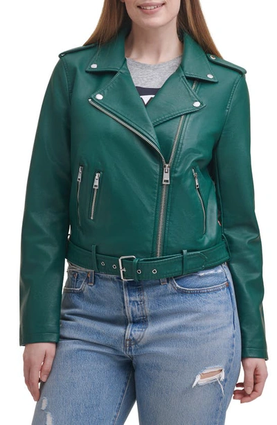 Shop Levi's Water Repellent Faux Leather Fashion Belted Moto Jacket In Forest Green