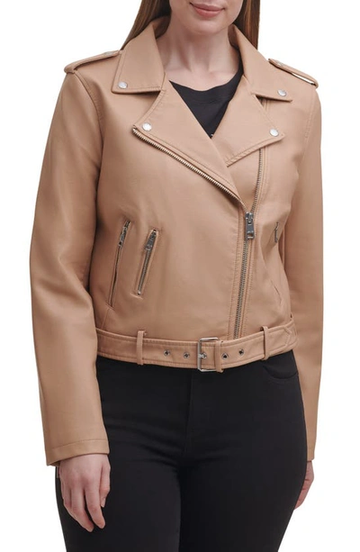 Shop Levi's Water Repellent Faux Leather Fashion Belted Moto Jacket In Biscotti