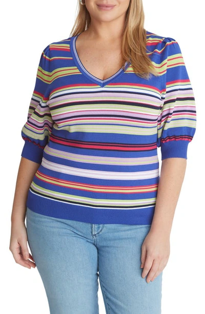 Shop Adyson Parker Stripe Puff Sleeve Sweater In Blue Suede Combo