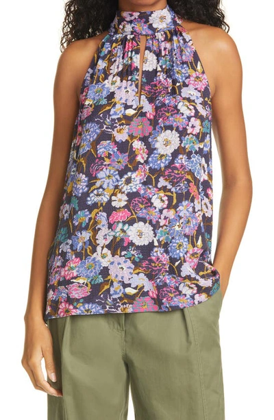 Shop Tanya Taylor Kendall Puckered Silk Halter Neck Top In Mixed Meadow Navy