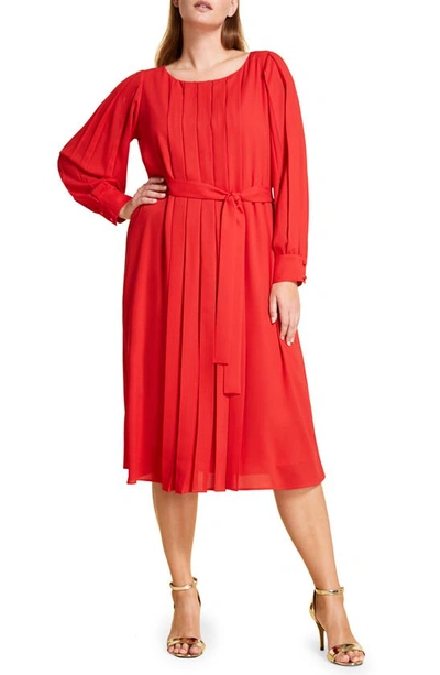 Shop Marina Rinaldi Destino Pleat Detail Long Sleeve Crepe Dress In Red