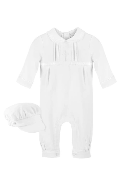Carriage Boutique Cross Embroidered Christening Romper & Newsboy Cap Set In White