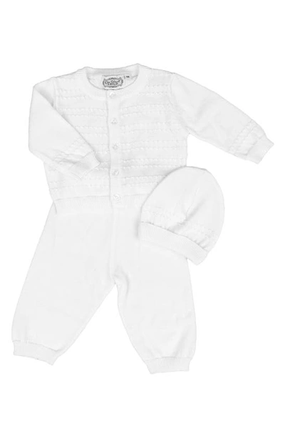 Shop Little Things Mean A Lot Cotton Cardigan, Pants & Hat Set In White