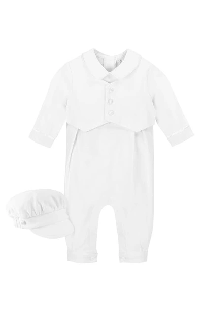 Carriage Boutique Elegant Christening Romper & Newsboy Cap Set In White