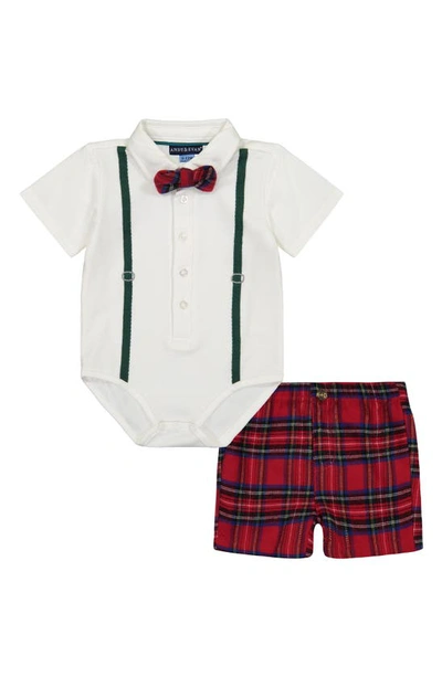 Shop Andy & Evan Holiday Bodysuit, Shorts & Bow Tie Set In Red Plaid