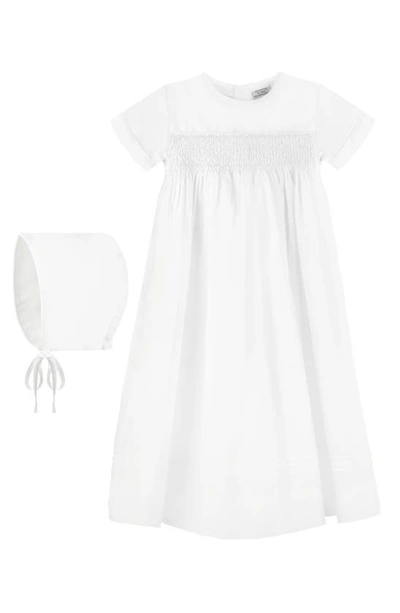 Carriage Boutique Smocked Christening Gown & Bonnet Set In White