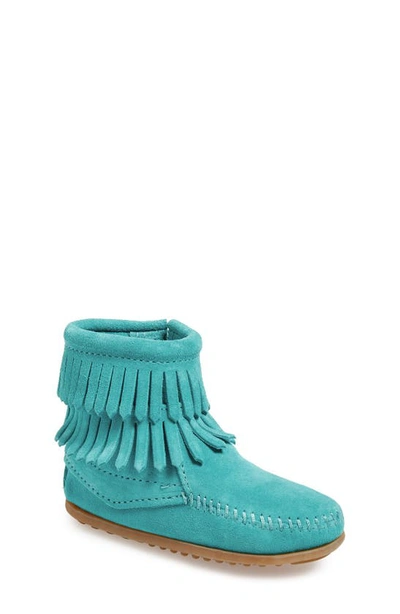 Minnetonka Little Girls Double Fringe Side Zip Boot In Turquoise