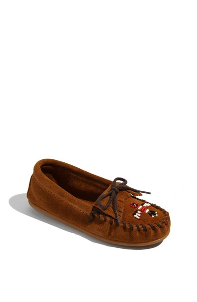 Shop Minnetonka Thunderbird Slip-on Shoe In Brown Suede