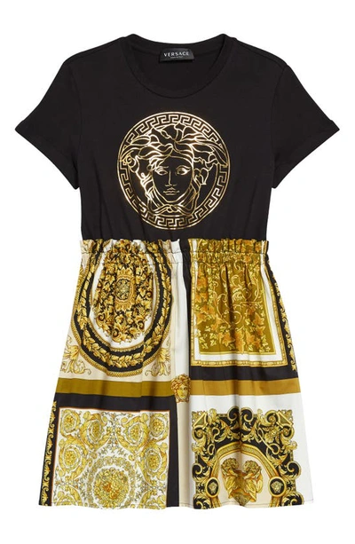 Shop Versace Kids' Medusa Patchwork Cotton Dress In Black-gold-white