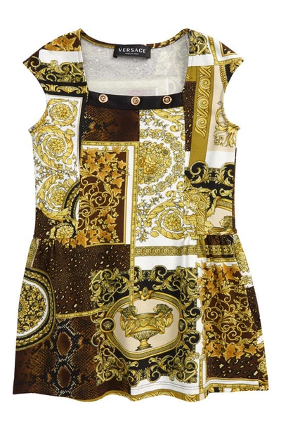 Shop Versace Kids' Barocco Patchwork Dress In Gold-brown-white