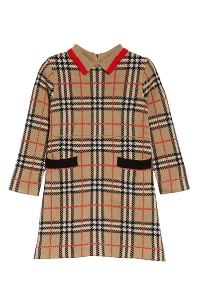 Shop Burberry Denise Check Long Sleeve Merino Wool Dress In Archive Beige