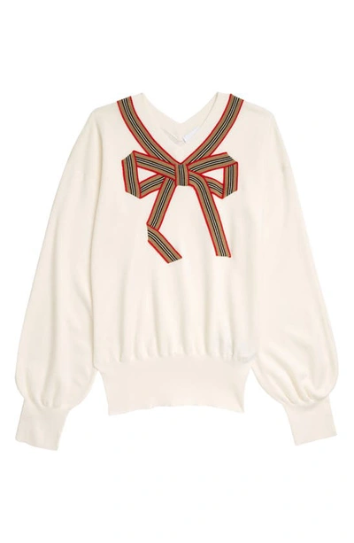 Shop Burberry Kids' Arabelle Icon Stripe Bow Wool & Silk Sweater In Ivory